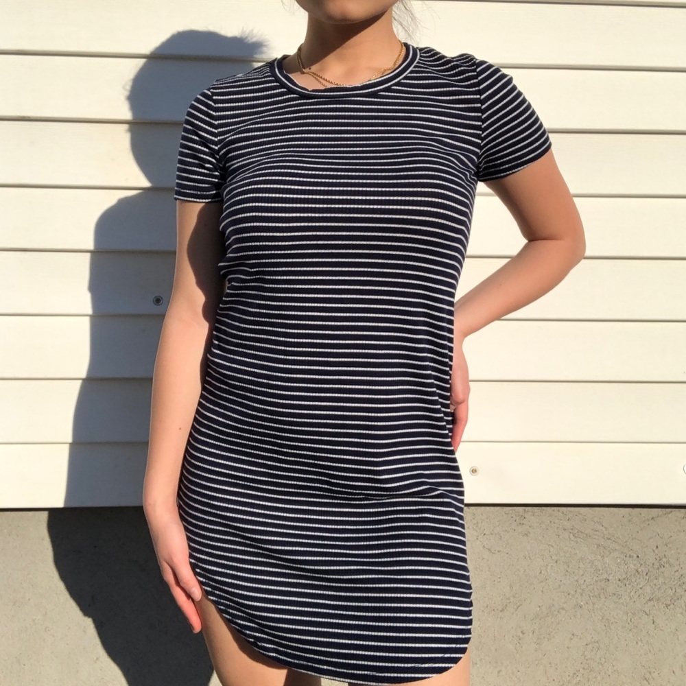 Navy Blue & White Striped Ribbed Mini Dress